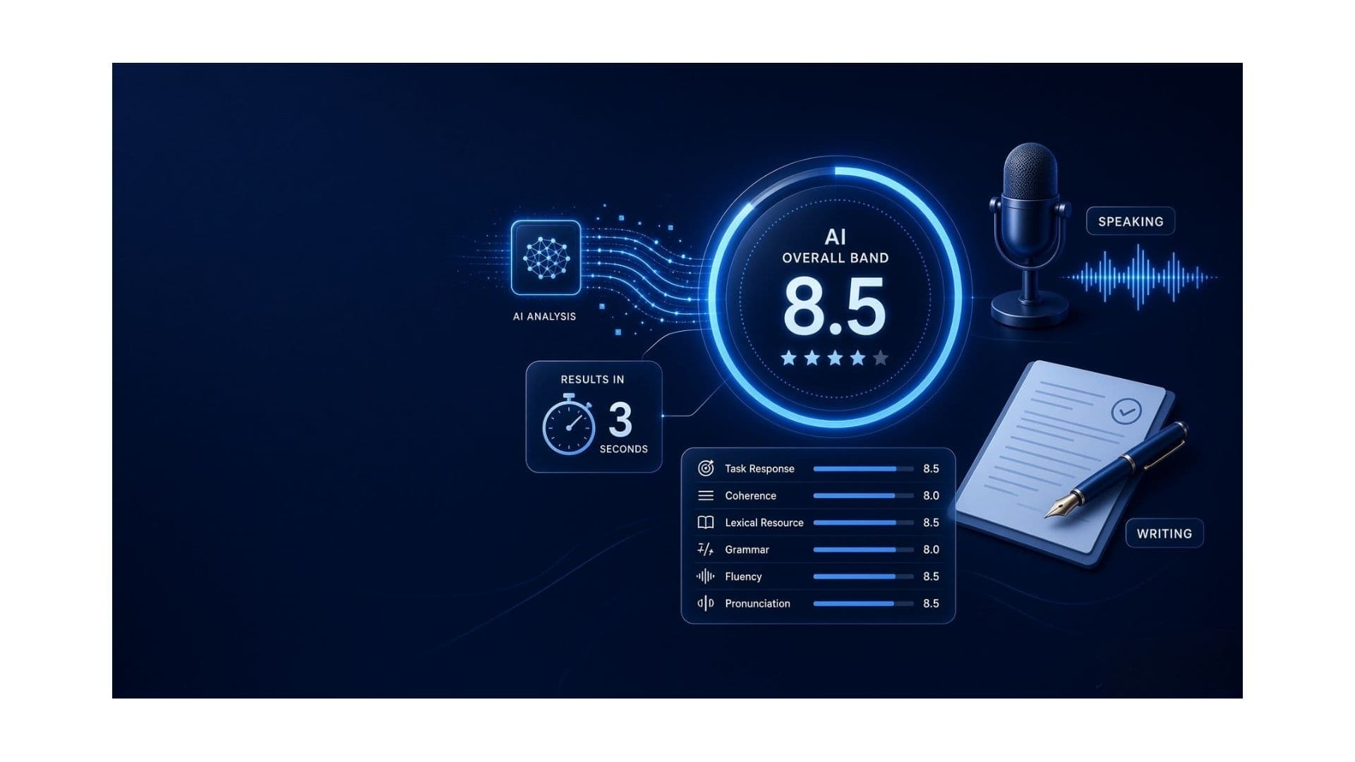 IELTSVega AI band scoring: an overall band of 8.5 broken down by Task Response, Coherence, Lexical Resource, Grammar, Fluency and Pronunciation, delivered in 3 seconds